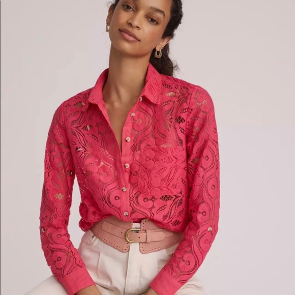 Anthropologie Tops - Pink lace button front blouse from MAEVE by ANTHROPOLOGIE; size 14